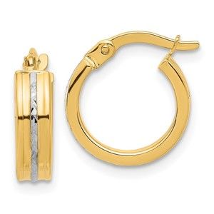14K w/ White Rhodium Polished and Diamond-cut Hoop Earrings